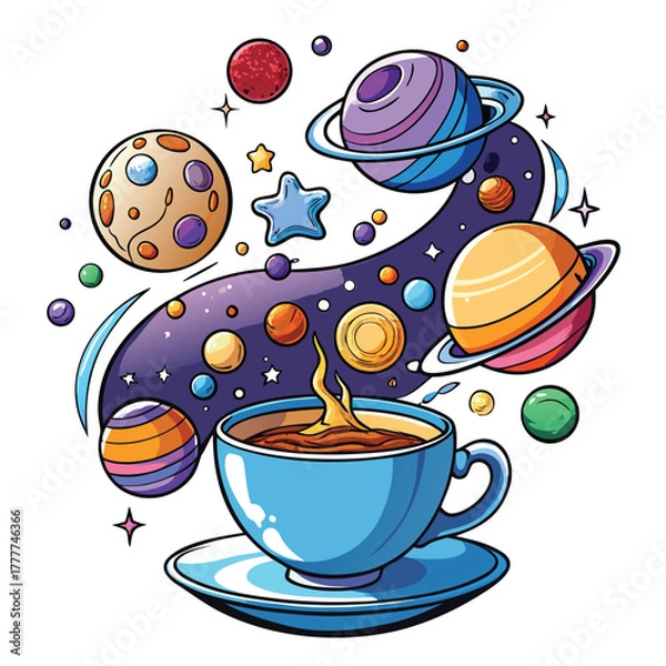 Fototapeta Cosmic coffee cup with planets, stars, and space elements cosmic