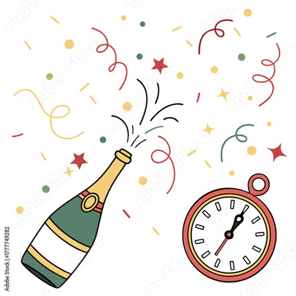 Fototapeta Champagne bottle popping with confetti and clock