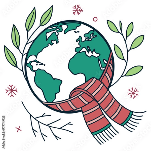 Fototapeta Earth globe wearing a scarf with snowflakes and branches
