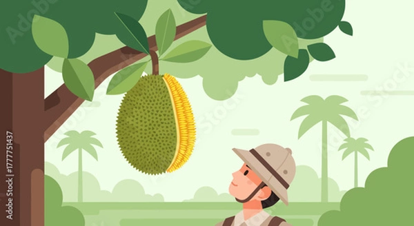 Fototapeta Observing Exotic Fruit: An Adventurer Gazes Upon a Ripe Jackfruit