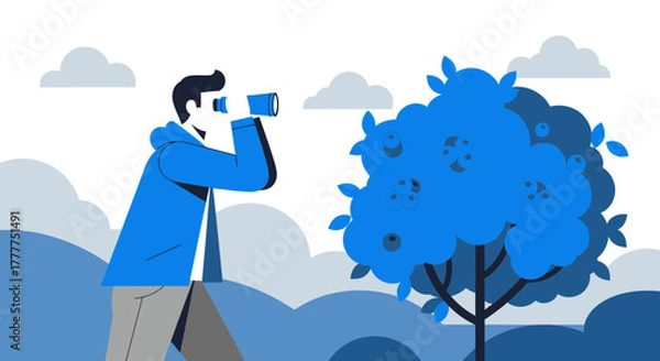 Obraz Observing Nature: A Man Uses Binoculars to Discover Visual Elements in the Wild
