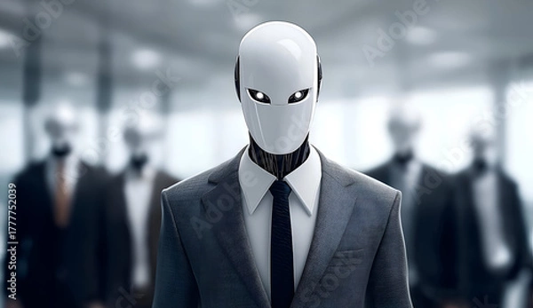 Fototapeta A humanoid robot in a suit stands confidently in a futuristic office environment surrounded by humanoid figures.