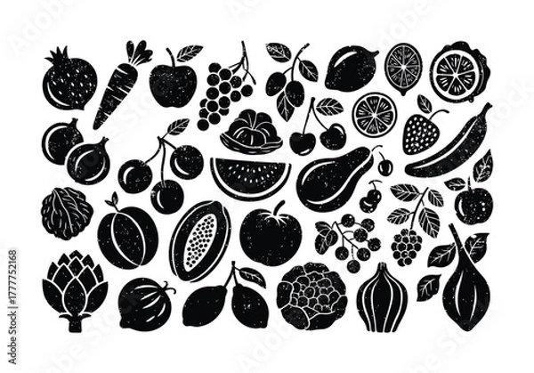 Fototapeta Black and white silhouette collection of various fruits and vegetables with textured effect food