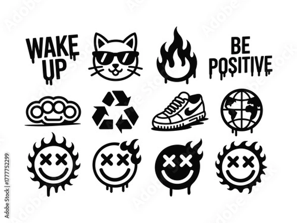 Fototapeta Collection of black and white graphic icons including text phrases and symbols wake positive