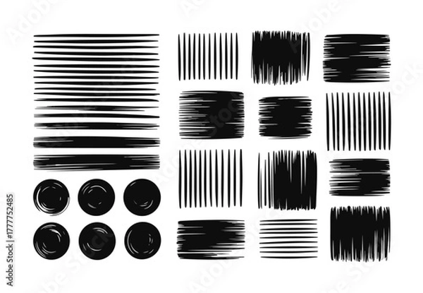 Fototapeta Collection of black hand drawn brush stroke elements and circular shapes on white background abstract