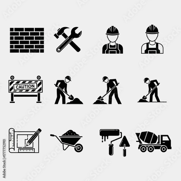 Obraz construction industry tools and workers icons set
