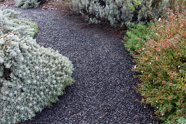 Fototapeta Allée, chemin en graviers noir décoratifs dans le jardin, pour aménagement paysager design des extérieurs
