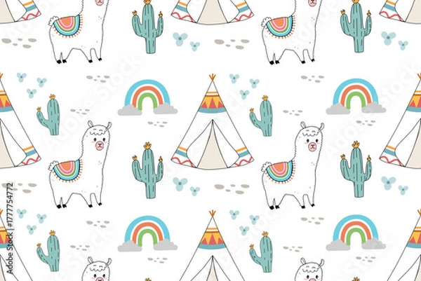 Obraz seamless pattern with cute cactus sheep and rainbow