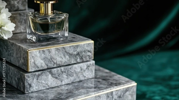 Fototapeta Perfume bottle resting on stacked marble blocks with gold trim