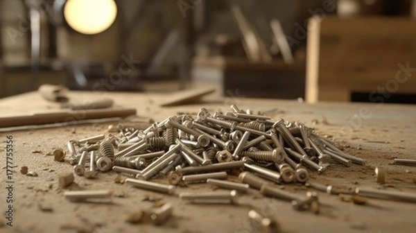 Obraz Pile of bolts and nuts scattered on a wooden workbench