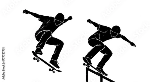 Fototapeta Silhouetted Skateboarders Performing Tricks A Dynamic Display of Skill and Agility.