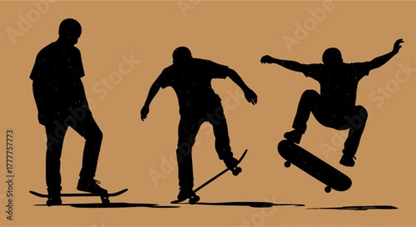 Fototapeta Silhouetted Skateboarders Performing Tricks A Dynamic Display of Urban Sport.