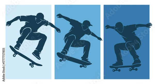 Fototapeta Skateboarders in Action A Trio of Dynamic Silhouettes.