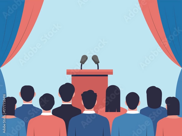 Obraz Empty press conference tribune with microphones. Conference with audience in hall. Media interviews. Vector stock