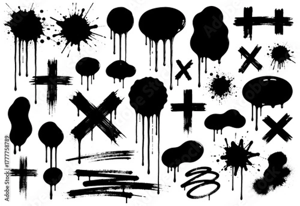 Fototapeta Collection of black ink splatters drips and brush strokes on white background isolated on a transparent background