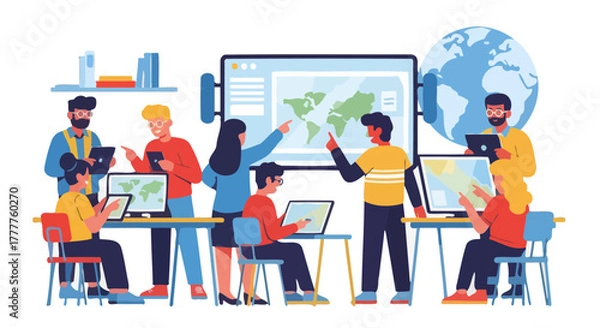 Fototapeta People Working Together on Global Technology and Digital Data Analysis Display