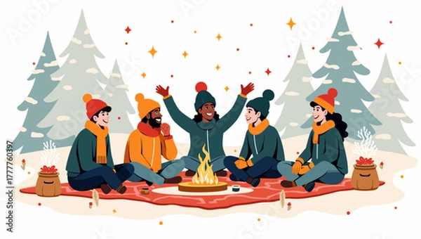Obraz Group in winter picnic sitting around campfire with hot drinks and cozy clothes in snowy pine forest, friendly winter atmosphere