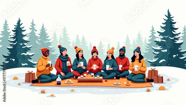Obraz Group in winter picnic sharing food and hot chocolate in forest clearing with gifts, festive christmas spirit