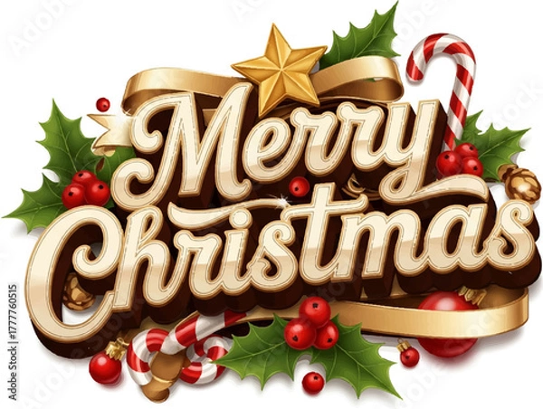 Fototapeta Vintage Merry Christmas Lettering Vector with Holiday Elements