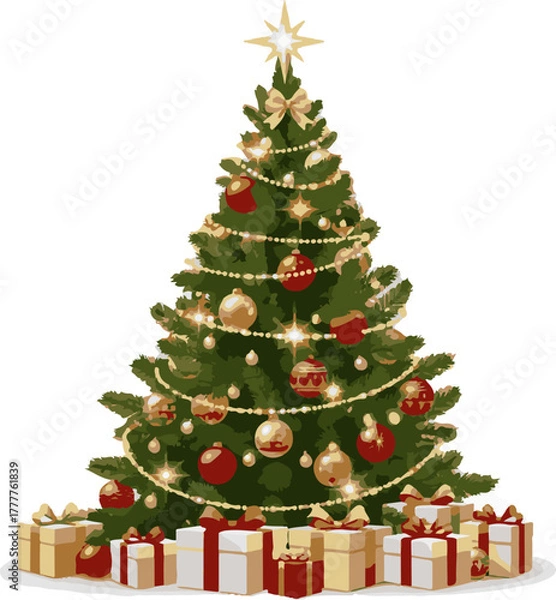 Fototapeta Elegant Christmas Tree & Gifts Vector on White Background