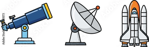 Fototapeta Telescope, satellite dish, space shuttle, astronomy and space exploration concept, vector illustration, black silhouette, science icon, celestial observation tools