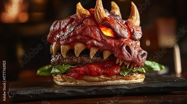 Fototapeta A monstrous dragon burger, a culinary creation that combines fantasy and food in an epic way