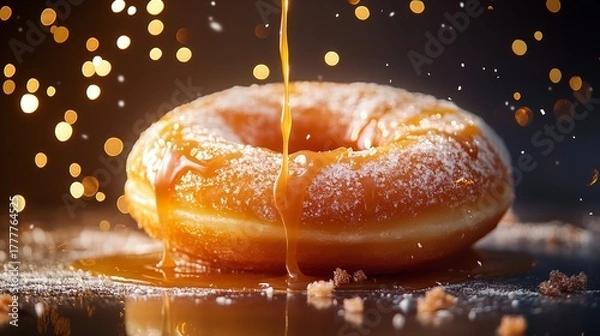 Fototapeta Closeup of a delicious donut with caramel glaze and sugar powder, illuminated by bokeh lights in background