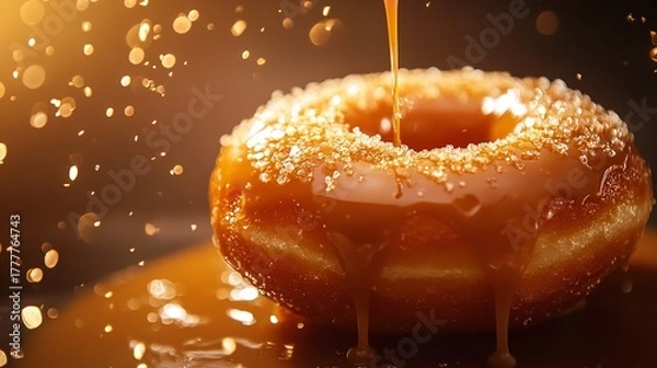 Fototapeta Closeup of a delicious donut with caramel glaze and sugar powder, illuminated by bokeh lights in background