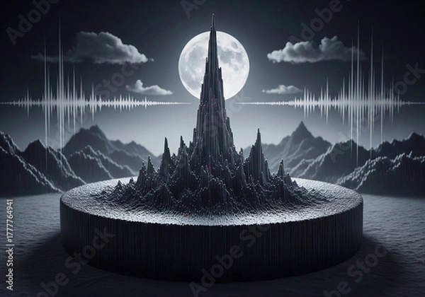 Fototapeta Abstract Sound Wave Visualization Against Full Moon