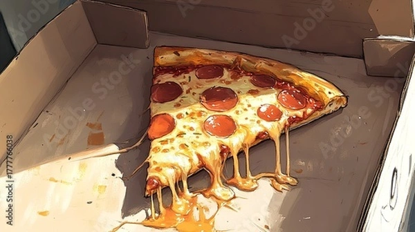 Fototapeta A single slice of pepperoni pizza with dripping cheese in a cardboard box looks appetizing