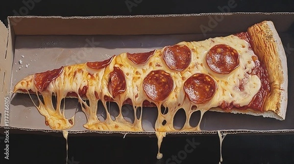 Fototapeta A single slice of pepperoni pizza with dripping cheese in a cardboard box is mouthwatering