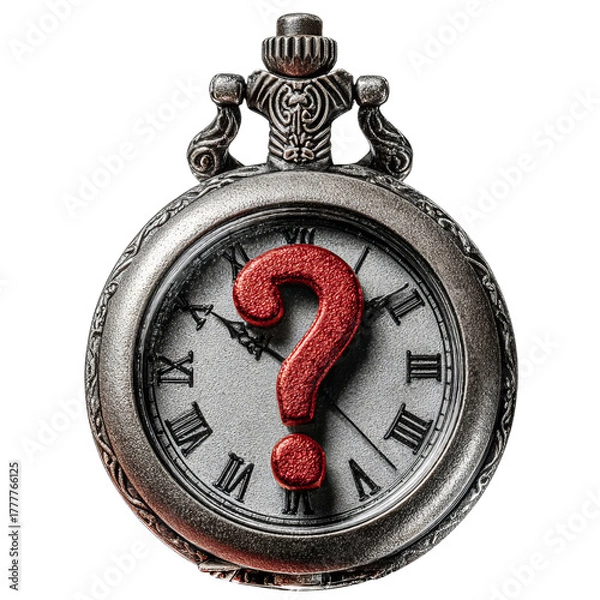 Obraz Antique pocket watch with large red question mark on face isolated on a transparent background