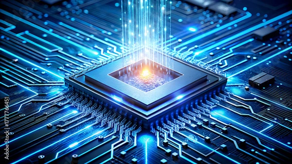 Fototapeta Advanced microchip with glowing core complex circuit board design for high technology and computer science applications