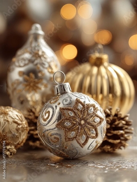 Fototapeta Elegant Christmas ornaments in gold and silver with intricate details create a luxurious holiday scene. Festive pinecones, sparkling textures, and warm bokeh lights bring cozy Christmas magic to life.