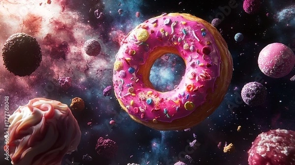 Fototapeta A cosmic donut with pink frosting and sprinkles surrounded by planets and nebula in space