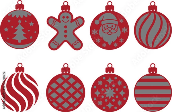 Fototapeta Christmas ornament vector set, festive red and gray decorations including Santa, tree, gingerbread, and patterned baubles for holiday design and print