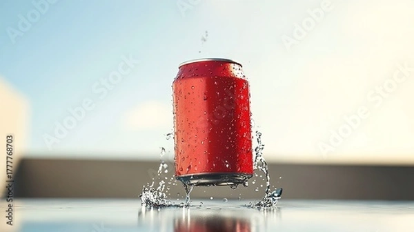 Fototapeta Red soda can with water droplets suspended in midair, creating a refreshing and dynamic visual against a blurred background