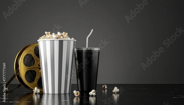 Obraz A golden film reel sits next to a striped popcorn bucket and a black drink cup with a straw