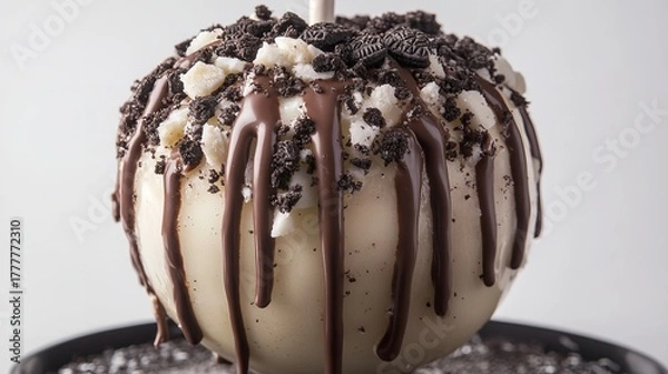 Fototapeta Delicious caramel apple covered in white chocolate, chocolate drizzle, and crushed oreo cookies isolated on white background