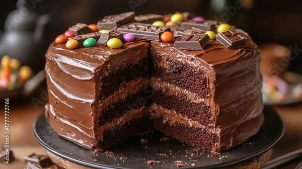 Fototapeta Delicious chocolate layer cake with colorful candy and chocolate bar pieces on top for celebration