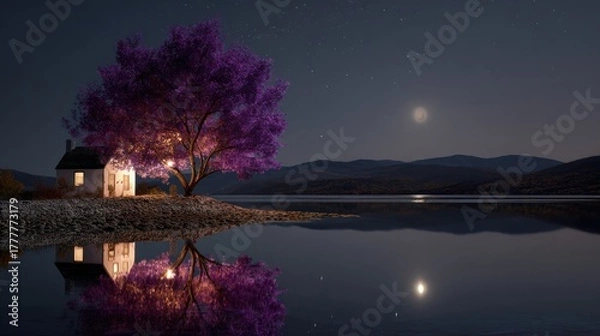 Fototapeta A serene, moonlit lake scene featuring a small, white cottage nestled on a secluded island, illuminated by warm interior light, with a vibrant purple tree casting a silhouette against the night sky.