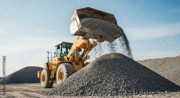 Fototapeta Industrial machinery in action as a powerful yellow front loader dumps a bucket full of gravel onto a large pile at a quarry worksite