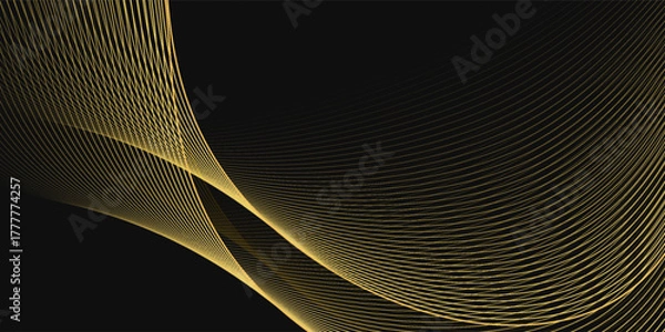 Fototapeta Abstract luxury with shining gold lines waves on black background. Futuristic background of flowing gold lines for banner, poster, cover, brochure, flyer, website
