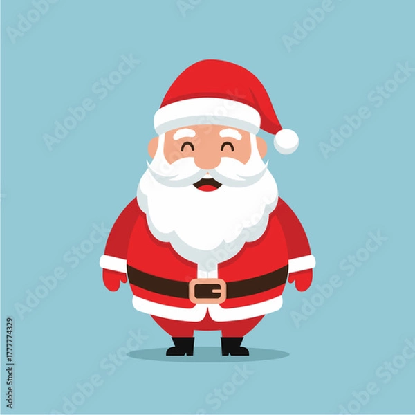 Fototapeta Cute cartoon Santa Claus character smiling with a white beard and red suit on a blue background.