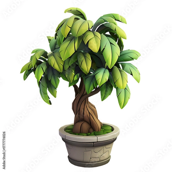 Fototapeta A detailed illustration of a stylized bonsai tree with lush green leaves in a decorative pot.