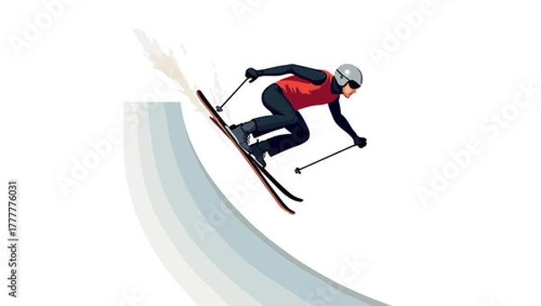 Obraz Professional skier jumping ramp in mid-air performing downhill stunt on snow slope concept of extreme winter sports