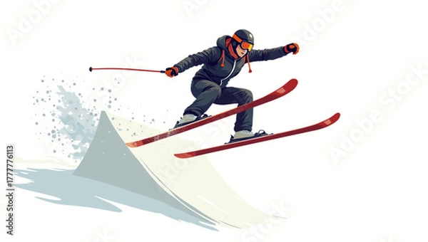 Obraz Extreme skier jumping ramp in black outfit over snowy slope concept of strength and winter sports energy
