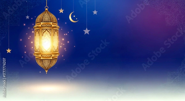 Obraz Ramadan kareem islamic design with gold lantern and crescent moon stars  ,ai generated image