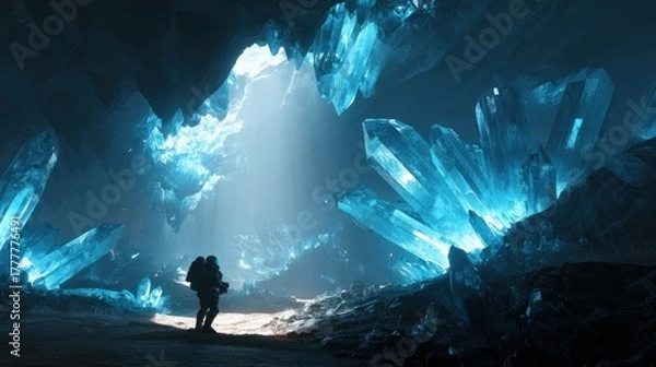 Obraz A lone explorer stands amidst a magnificent cavern illuminated by glowing azure crystals.