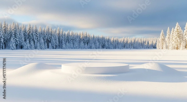 Obraz Winter product display podium with snow covered trees in the background  ,ai generated image